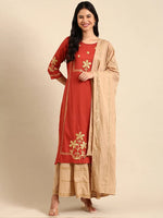 Women's Orange Embroidered Kurta Set-DW-9158-Rust