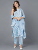 Ahika Women Blue Cotton Printed Straight Kurta Pant Set With Dupatta-VKSKD1454_XS