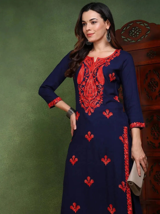 Ahika Women Blue Viscose Rayon Solid Embroidered Chikankari Straight Kurta