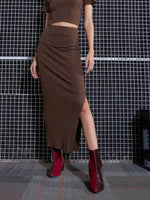 Women Brown Rib Pencil Midi Skirts