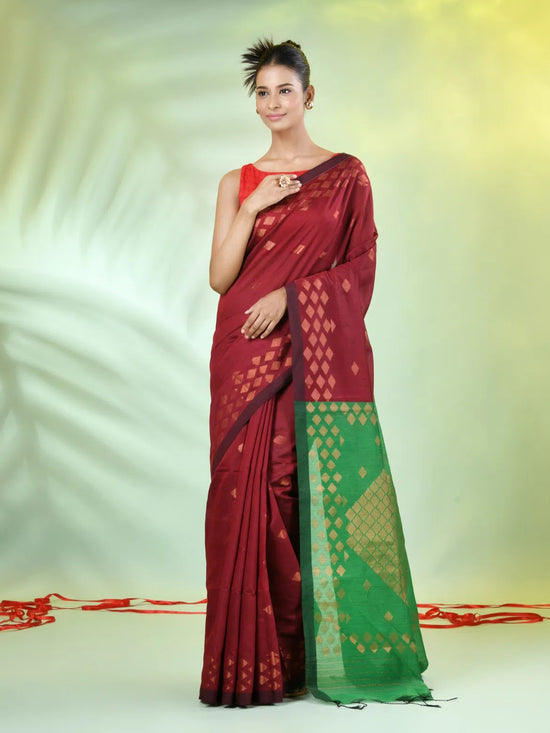 Maroon Cotton Saree With Geomatric Patterns-MA66BCT43830036