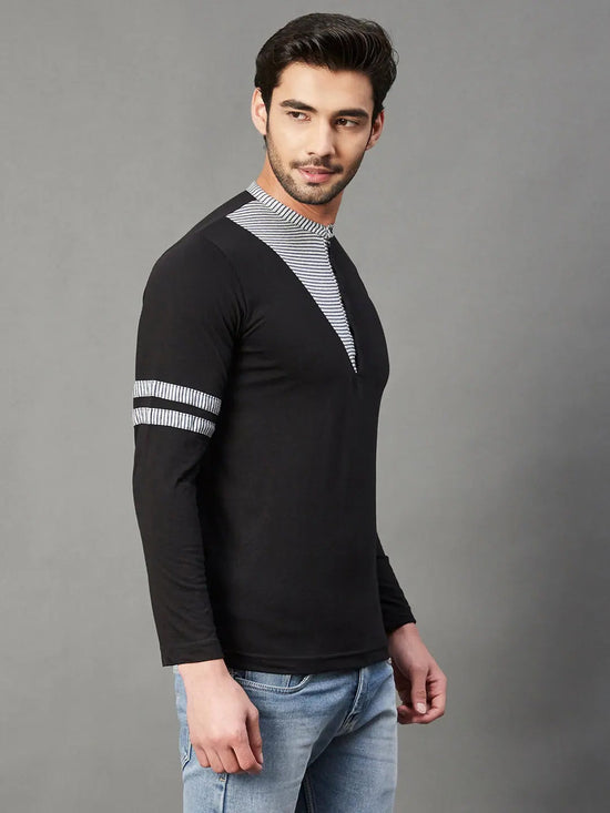 Rigo Black With Contrast Detailing Henley Full Sleeve Cotton T-Shirt