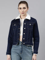 Women Navy Blue Solid Denim Jacket-LT-15903-Navyblue