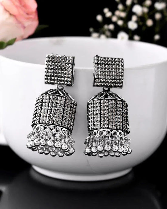 Black-Toned AD Studded Square Dome Shaped Jhumka Earrings-VOJ277