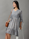 Women's Grey Floral Fit and Flare Dress-HQ-5-Grey