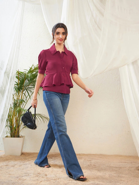 Women Maroon Frill Detail Shirt Style Blouse