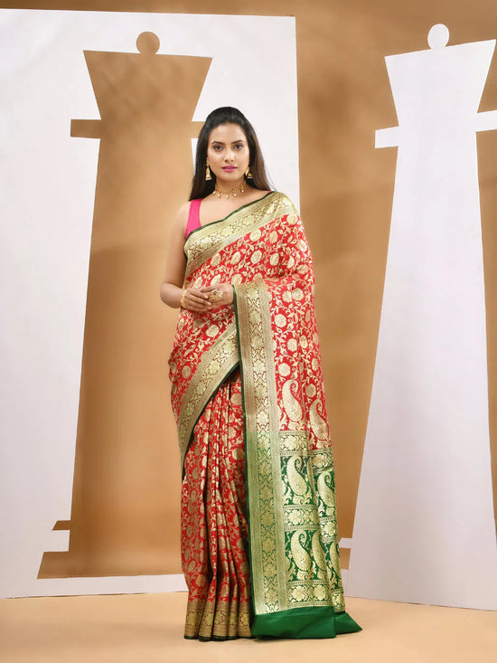 Red Silk Banarasi Saree With Ethnic Motifs And Woven Designs-MA53BSL441050018