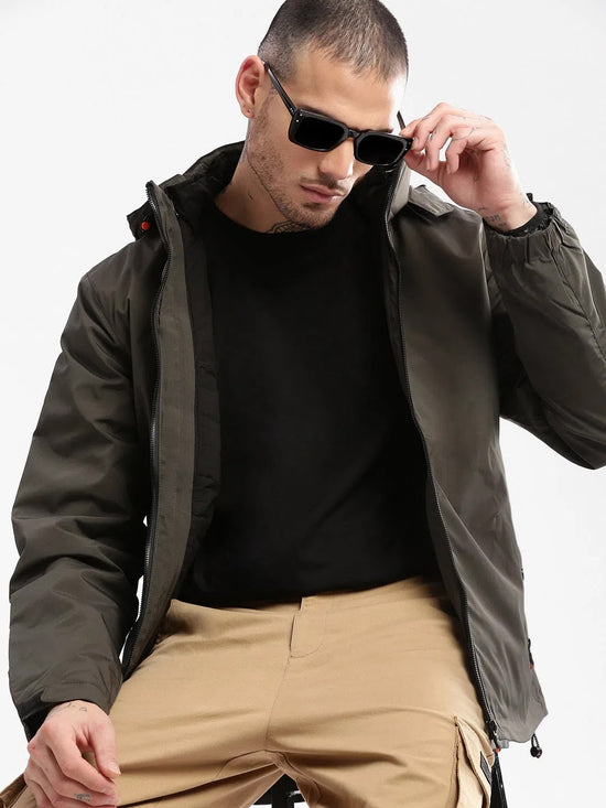 Men Hooded Olive Solid Tailored Oversized Jacket comes with Detachable Hoodie and Inner Jacket-7551-Olive