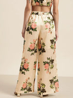 Beige Floral Polysilk Palazzo Pants