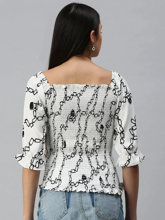 Women White Printed Fitted Top-AE-10276-Whiteblack