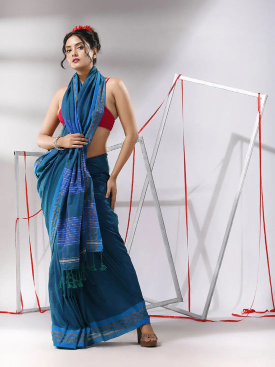 Peacock Blue Cotton Saree With Zari Stripes Pallu-MA55CT06520030