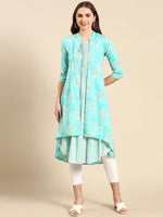 Women's Turquoise Blue Printed Anarkali Kurta-KG-9001-Turquoiseblue