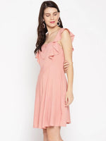 Frill sleeve front button skater dress in dusty pink