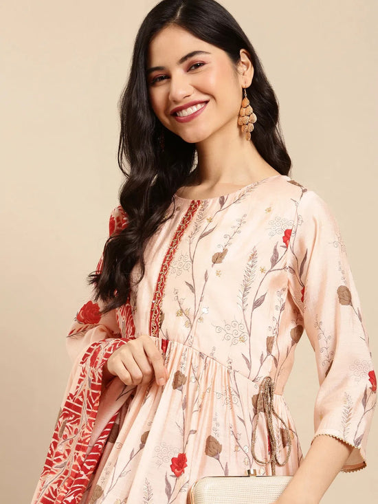 Women's Pink Printed Kurta Set-SKC-3329-Peach