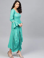 Bell sleeve printed long dress with front drape in Mint Blue