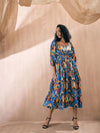 Women Blue Ikat Front Button Self Belt Tiered Midi Dress