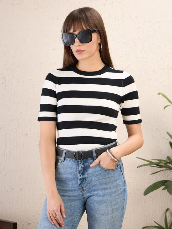 Women Black & White Striped Acrylic Top