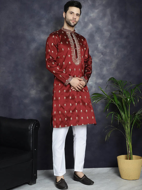 Men's Maroon Chikankari Embroidered Kurta With Pyjama.-JOKP-P-5042Maroon