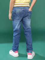 Tales & Stories Blue Solid Denim Joggers For Boys