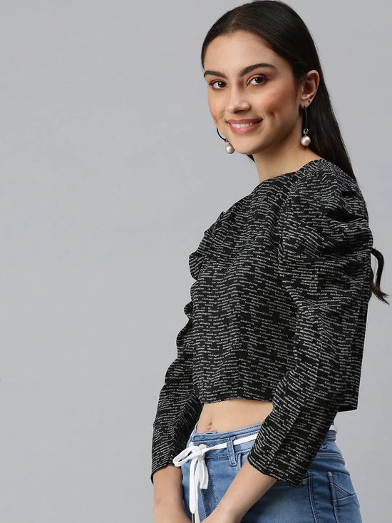 Women Black Printed Crop Fitted Top-AE-7035-Black