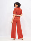 Women Rust Knit Notch Collar Shirt With Darted Pants