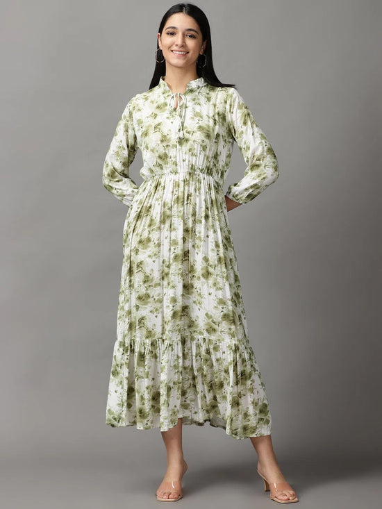 Women's White Floral Fit and Flare Dress-AE-15769-Whiteolive