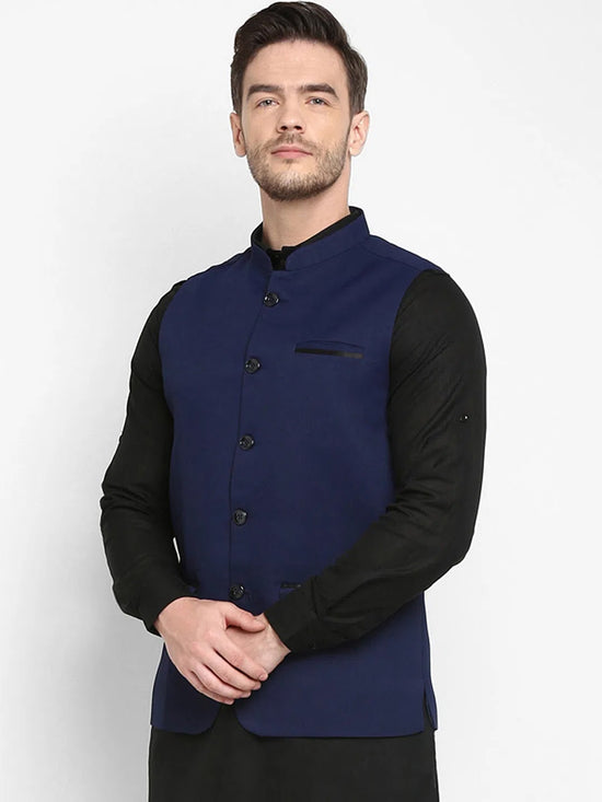 Hangup Men Standard Solid Men's Indian Wear-Navy_Jute1_Nehru