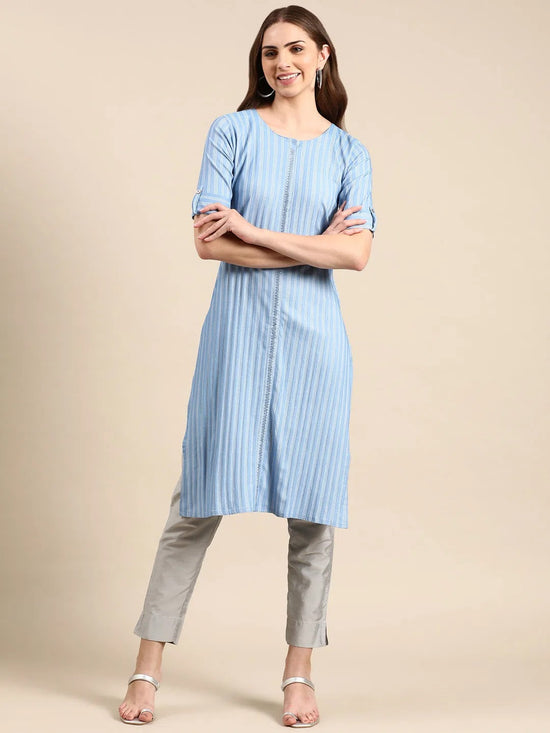 Women's Blue Printed Straight Kurta-SNG-2064-Blue