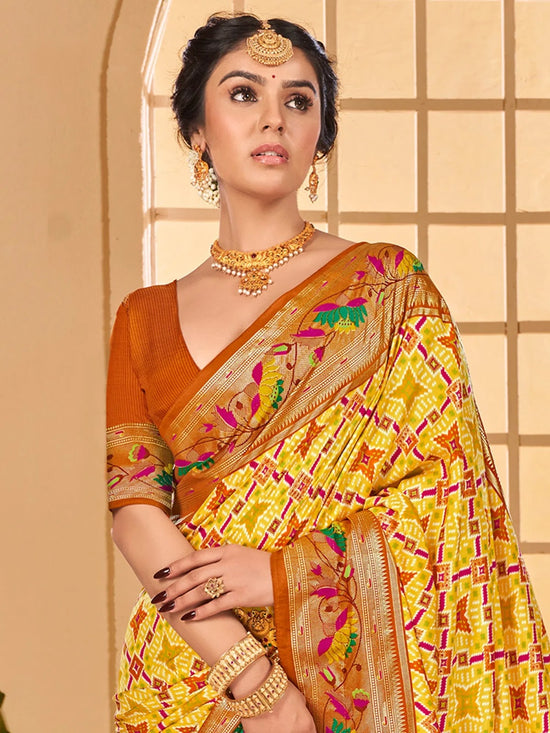 Saree Mall Women's Tussar  Yellow Printed Designer Saree With Blouse Piece-KESAR1005