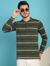 Venitian Men Striped Polo Neck Full Sleeves Olive T-Shirt Wih Pocket