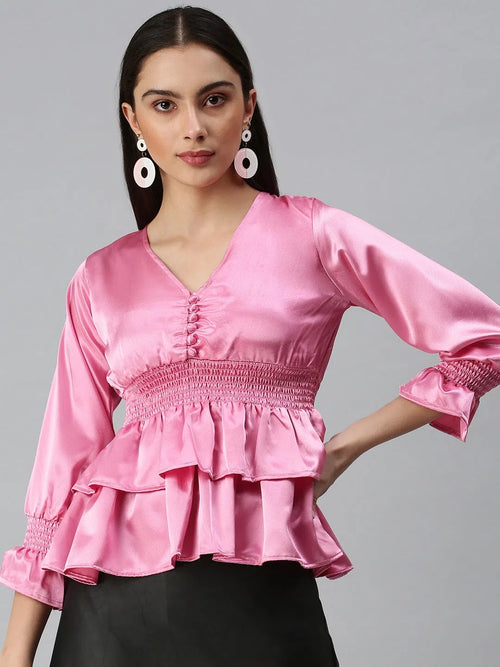 Women Pink Solid Peplum Top-AE-10227-Pink