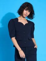 Women Navy Puff Sleeves Top