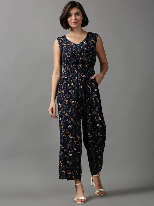 Women's Blue Printed Jumpsuit-AE-15648-Navyblue