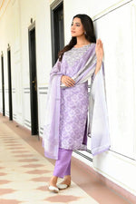 Vaasva Women Lavender Tissue Linen Embroidered Solid Kurta Set With Solid Pants & Printed Dupatta-143-Vaas-Lavender