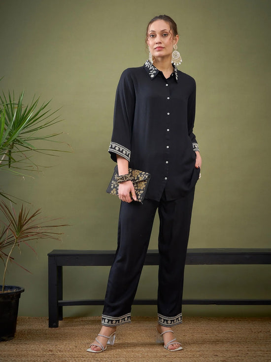 Women Black Embroidered Shirt With Palazzos