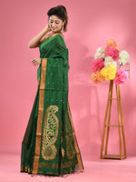 Green Cotton Blend Handwoven Saree With Zari Border-MA51BCT431270027