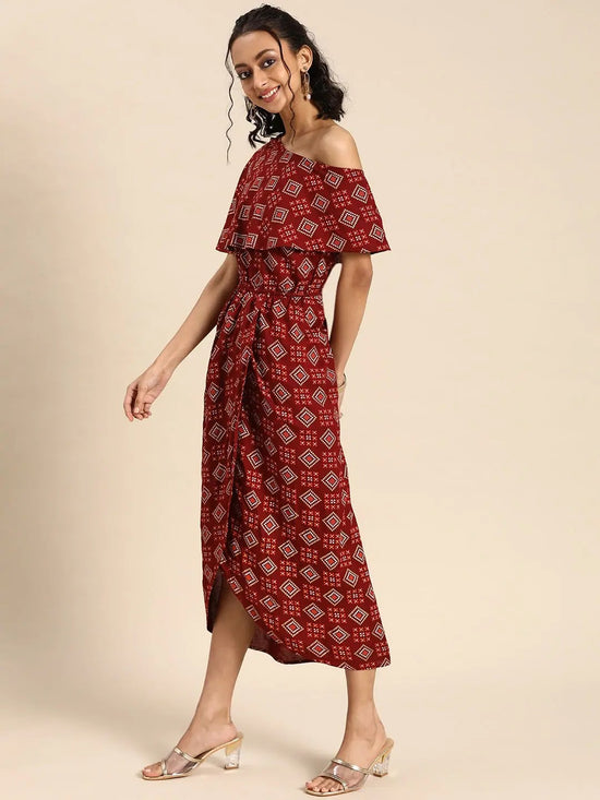 Cold shoulder Asymmetric overlap Dress in Maroon Print