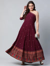 Ahalyaa Women Burgundy & Gold Toned Ethnic Motifs One Shoulder Ethnic Maxi Dress