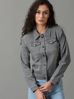 Women's Grey Solid Denim Jacket-AE-9501-Grey