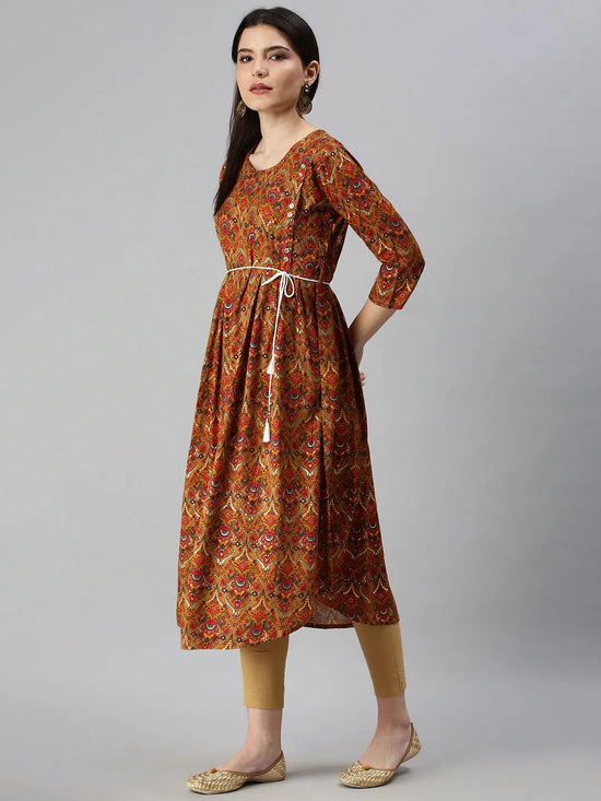 Women's Mustard Printed A-Line Kurta-KG555E-Mustard