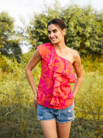 One shoulder Frill Top in Pink and Orange Print