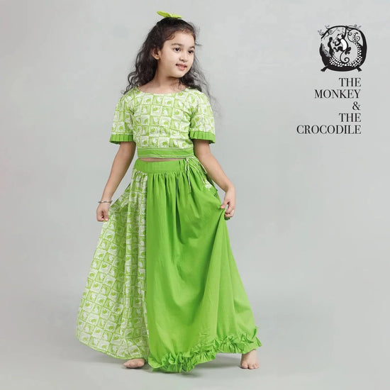 Cotton Half & Half Layered Lehenga with Stylish Blouse with The Monkey & The Crocodile Print