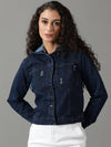 Women's Navy Blue Solid Denim Jacket-AE-9513-Navyblue