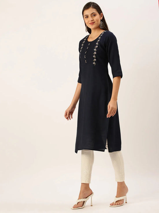 Women's Navy Blue Solid Straight Kurta-DF-1198-Navyblue