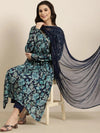 Women Straight Blue Floral Kurta and Trousers Set Comes With Dupatta-DK-3608-Blue