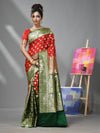 Red And Green Katan Silk Banarasi Patli Pallu Saree With Ethnic Motifs And Zari Woven Designs-MA52KA441380067