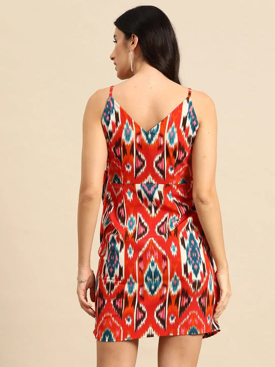 Overlap Mini Dress with side tie up in Red Ikkat Print