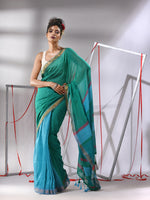 Teal Patli-Pallu Cotton Saree With Stripes Pallu-MA55CT06540003