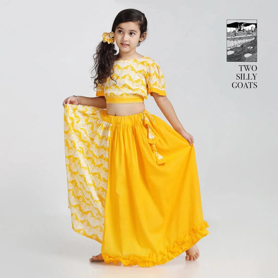 Cotton Half & Half Layered Lehenga with Stylish Blouse For Girls with Two Silly Goats Print