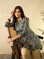 Ahika Women Navy Blue Cotton Blend Ajrakh Printed Peplum Tunic-VT1280